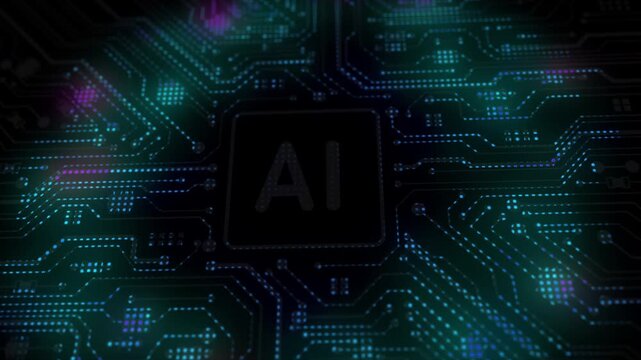 Glowing artificial intelligence ai text on a computer circuit board processor chip for futuristic machine learning technology concepts