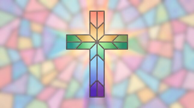 Colorful stained glass cross on abstract background