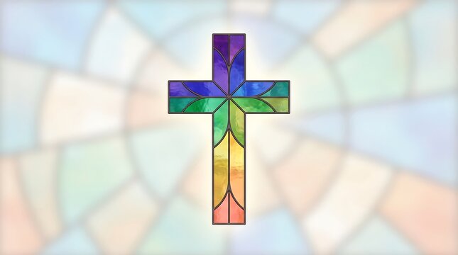 Colorful stained glass cross with radiant light effect