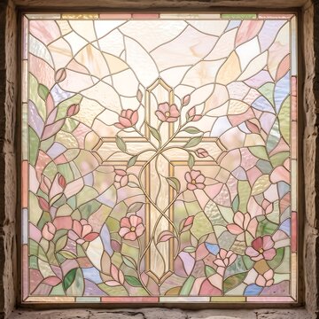 Colorful stained glass cross with floral mosaic design