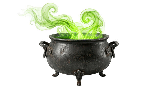 Black witch cauldron with green magic smoke rising up isolated on transparent background