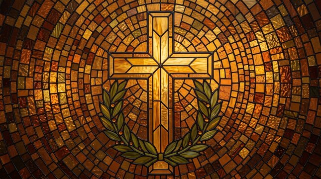 Golden mosaic cross with laurel wreath in warm tones