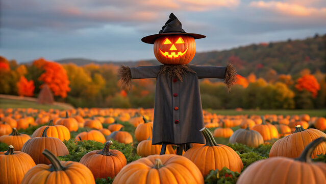 Scarecrow with carved pumpkin head waving in autumn pumpkin patch at sunset