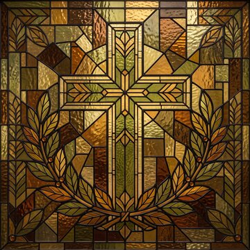 Colorful stained glass cross with intricate leaf patterns in a church window design