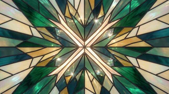 Vibrant geometric stained glass pattern with golden and green hues and radiant light effects