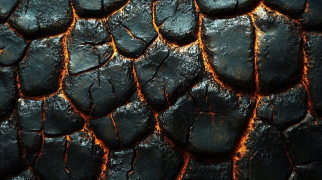 Molten Lava Glowing Through Black Volcanic Rock Cracks Background