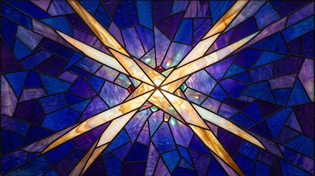 Vibrant abstract stained glass window with radiant starburst pattern in deep blues and gold