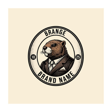 Beaver wearing a formal suit and tie, portrayed in a side profile within a circular emblem with 'BRANGE' and 'BRAND NAME' text, designed as a distinctive and memorable logo.