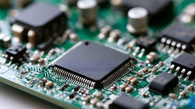 Close up of a green circuit board featuring integrated circuits and electronic components