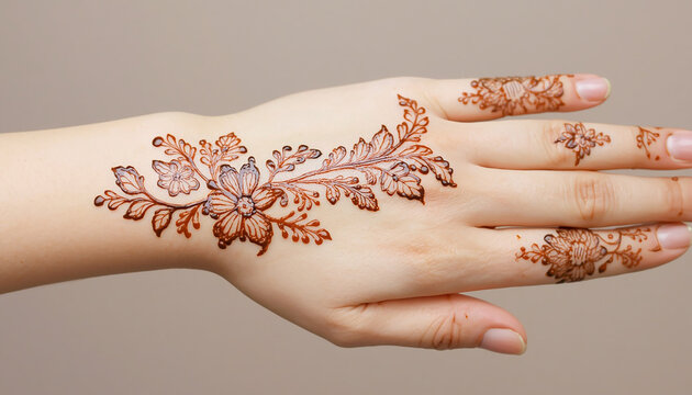 Floral henna mehndi design on female hand. Intricate brown body art on wrist and fingers. Traditional ethnic paint for wedding, fest, diwali.