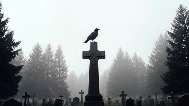 Crow standing on a stone cross in a foggy cemetery for Halloween