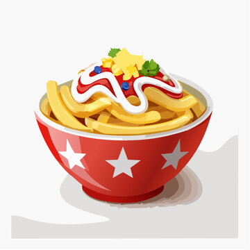 Canadian poutine vector fries with gravy and cheese in red bowl