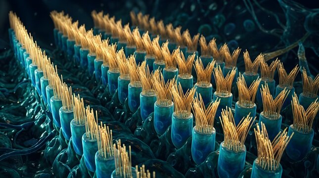Microscopic inner ear hair cells, sensory stereocilia anatomy illustration, biological hearing process and auditory system concept