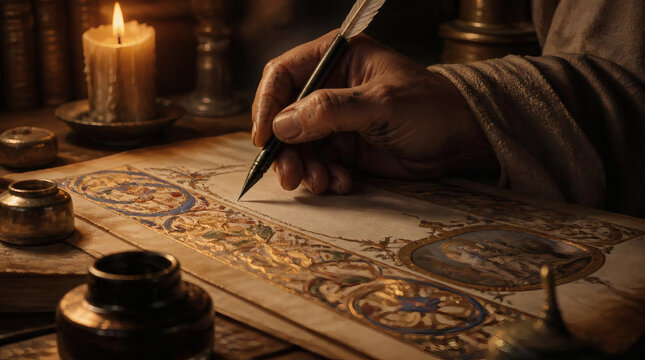 Medieval Scribe Carefully Writing with Quill in Candlelit Study