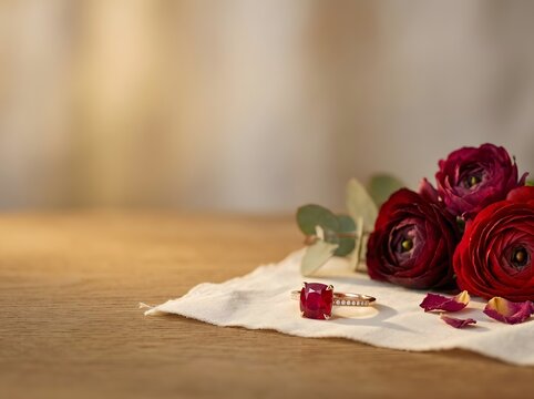 Close-up of a luxury rose gold ring with a square cushion-cut ruby gemstone and diamonds on a white fabric beside burgundy ranunculus flowers and eucalyptus on a wooden surface.