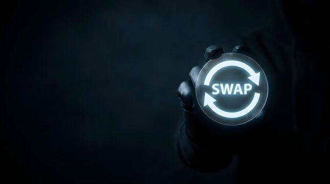 Gloved hand holding glowing circular swap icon for digital currency exchange