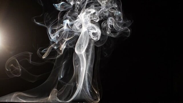 White smoke plume twists and transforms against a black background, creating an abstract flowing motion study with dramatic light and shadow.