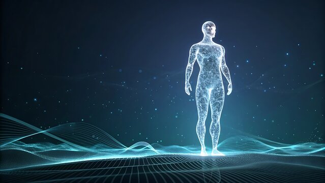 Digital human silhouette made of glowing data particles representing artificial intelligence.