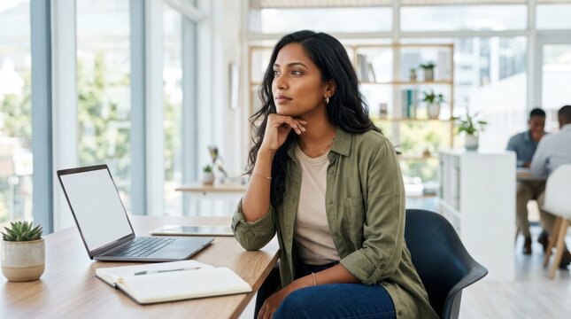 Thoughtful businesswoman looking away while sitting at desk with laptop in office representing contemplation and strategy.