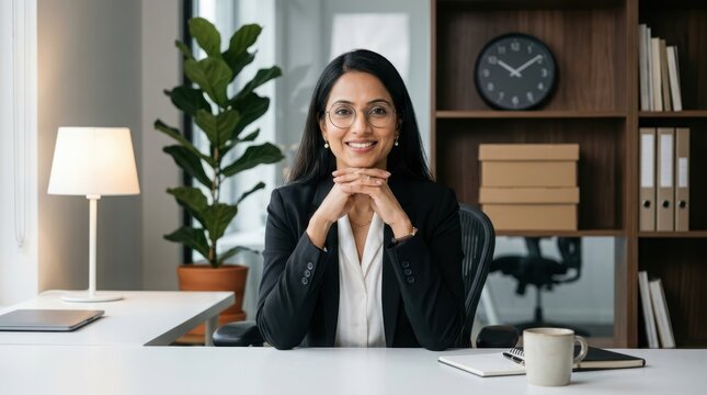 Successful indian executive sitting at office desk with chin on hands in front of bookshelf for professional branding.