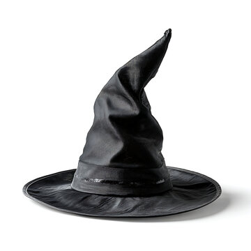 Funny smiling black bear wearing a giant Halloween witch hat isolated on white 