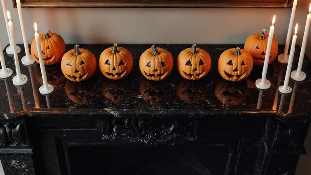 Row of carved jack o lanterns glowing on fireplace mantel for halloween