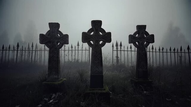 Spooky graveyard scene with three weathered celtic crosses on foggy night