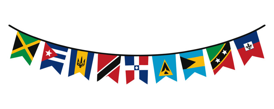 Caribbean national flags bunting hanging on a black string with caribbean
