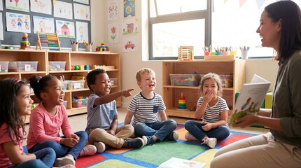 Obraz premium Joyful Diverse Preschool Children Laughing While Listening to Storytime in Bright Classroom