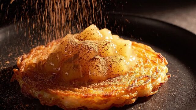 Crispy waffle topped with apple compote and dusted with cinnamon, showing a delicious dessert preparation sequence on a skillet