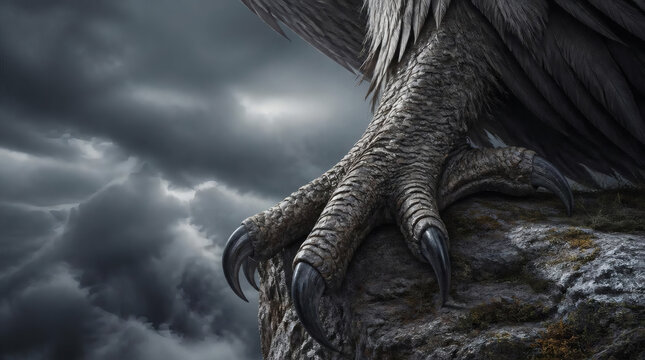 Extreme Close up of a Mythical Harpys Claw on a Rocky Perch Under Stormy Skies