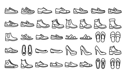 Obraz premium Premium men and women footwear line icon collection with shoes boots sneakers and heels