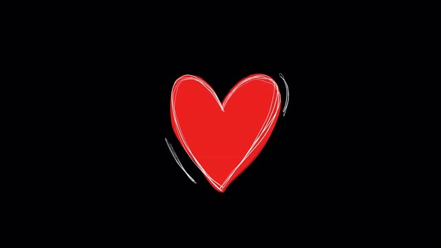 Hand drawn sketch of beating red heart video frame isolated on transparent background alpha channel raster