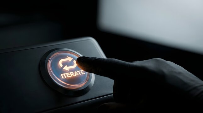 Human finger pressing glowing iterate button symbolizing modern business workflow automation
