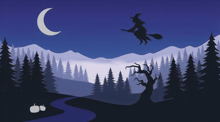 Fototapeta premium Halloween witch flying on broomstick over spooky forest landscape, vector illustration of night scene with moon, pumpkins, pine trees, mountains, and winding path Halloween