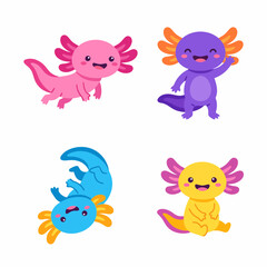 Naklejka premium Flat vector illustration set of cute axolotl salamander aquatic characters