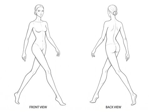 Walking Female Model Croquis Front and Back View Line Art Vector Sketch Template for Designer