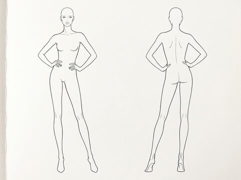Female Model Hands on Hips Standing Pose Front and Back View Technical Line Art Fashion Croquis