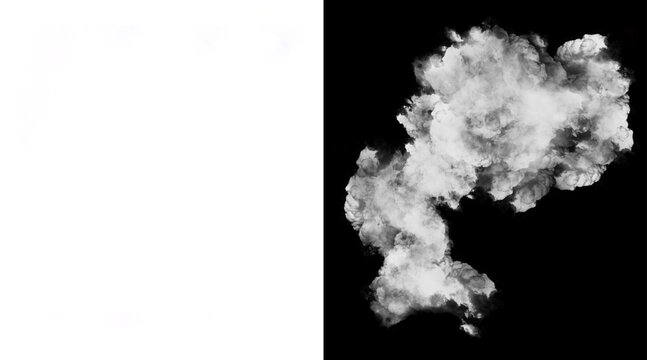 Atmospheric white smoke plume on black background, thick steam cloud texture, ethereal vapor effect for compositing