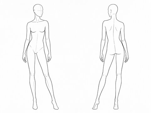 Full Length Female Model Croquis Front and Back View Vector Line Art Technical Drawing Sketch