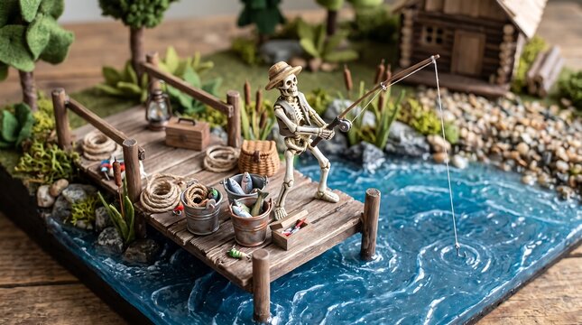 Miniature skeleton fisherman on wooden dock, spooky diorama of skeleton fishing in blue water, macabre hobby scene with tiny cabin and trees