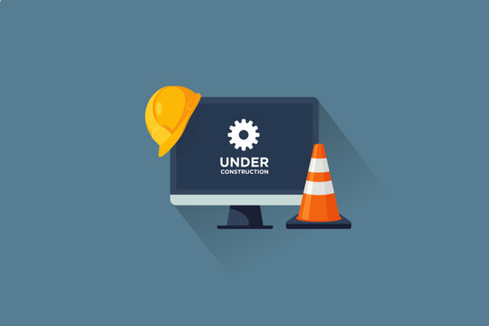 Website under construction concept with computer monitor, hard hat, and traffic cone, representing site maintenance, development, updates, and temporary service downtime. Vector illustration.