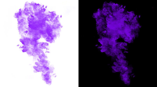 Purple smoke explosion on white and black background, vibrant violet ink in water splash, abstract colorful vapor cloud