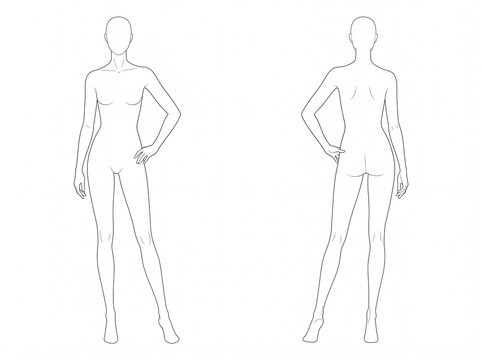 Front and Back Standing Pose Female Fashion Croquis Vector Technical Drawing Line Art Template