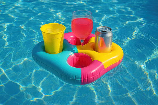 Colorful inflatable drink holder floating in sparkling blue swimming pool water on a sunny day