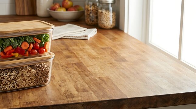Meal prep containers with fresh vegetables and grains neatly arranged on a warm wooden kitchen counter, highlighting healthy eating habits and organized home cooking