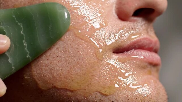 Woman receiving a facial massage with a green stone tool and skincare serum. Beauty treatment demonstrating gua sha technique for skin care and relaxation.