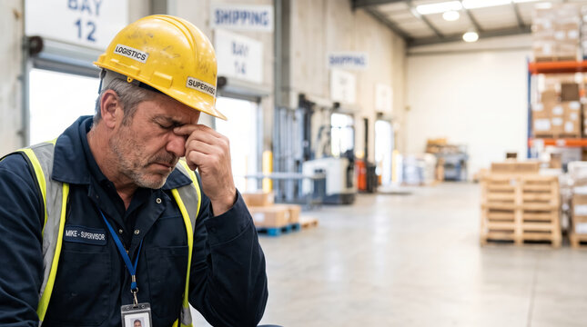 Stressed warehouse supervisor pinching nose in logistics shipping facility