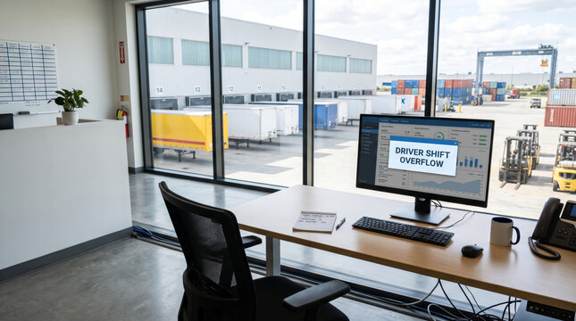 Warehouse dispatch desk showing driver shift overflow on screen