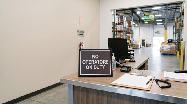Warehouse receiving desk with no operators on duty sign